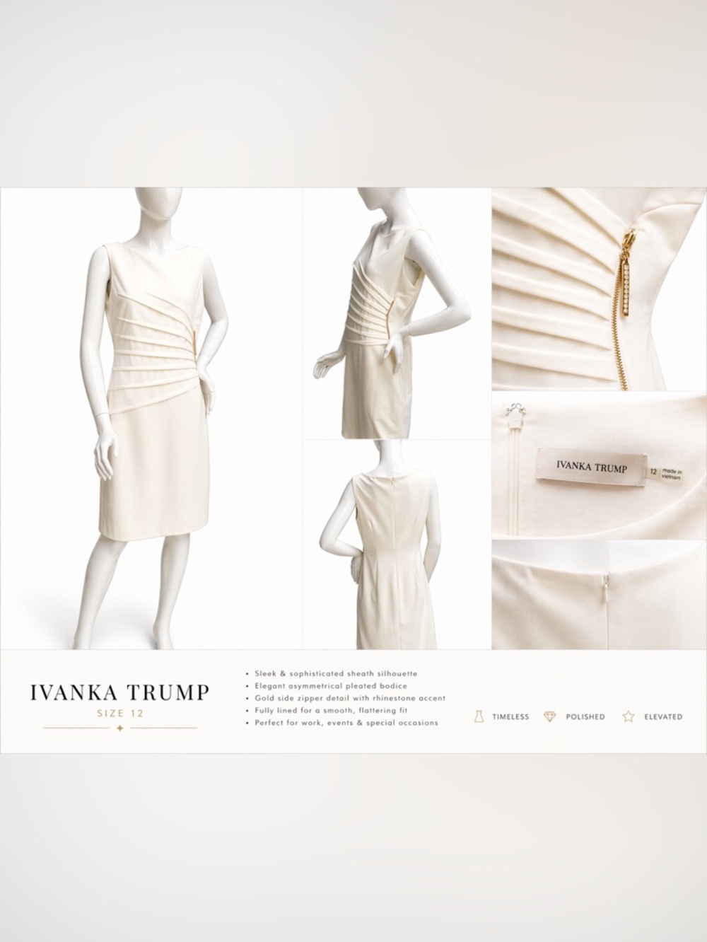 ✨ Ivanka Trump Ivory Pleated Sheath Dress – Size 12